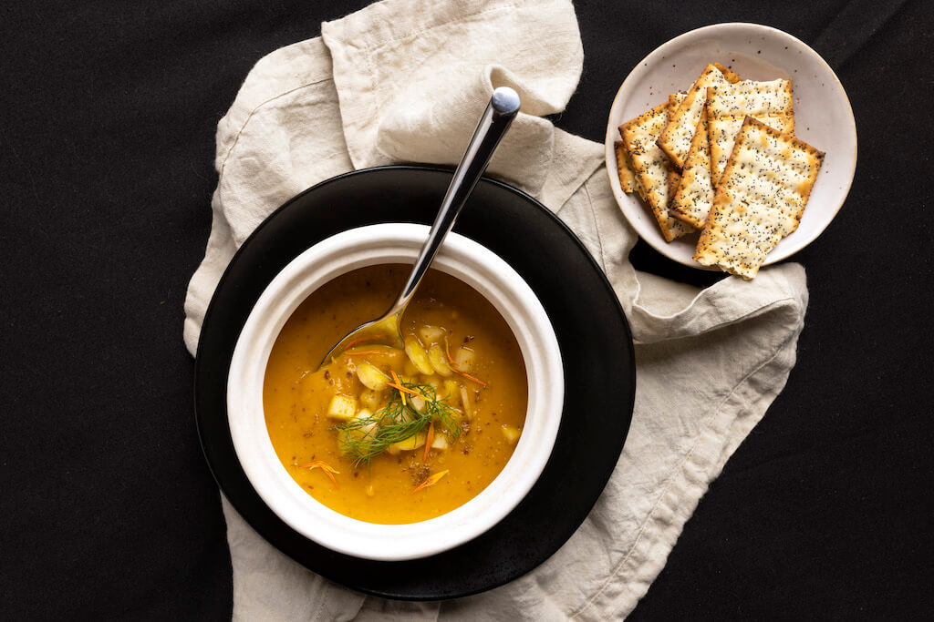 Roasted Carrot Sweet Potato Ginger Soup - Choosing Chia