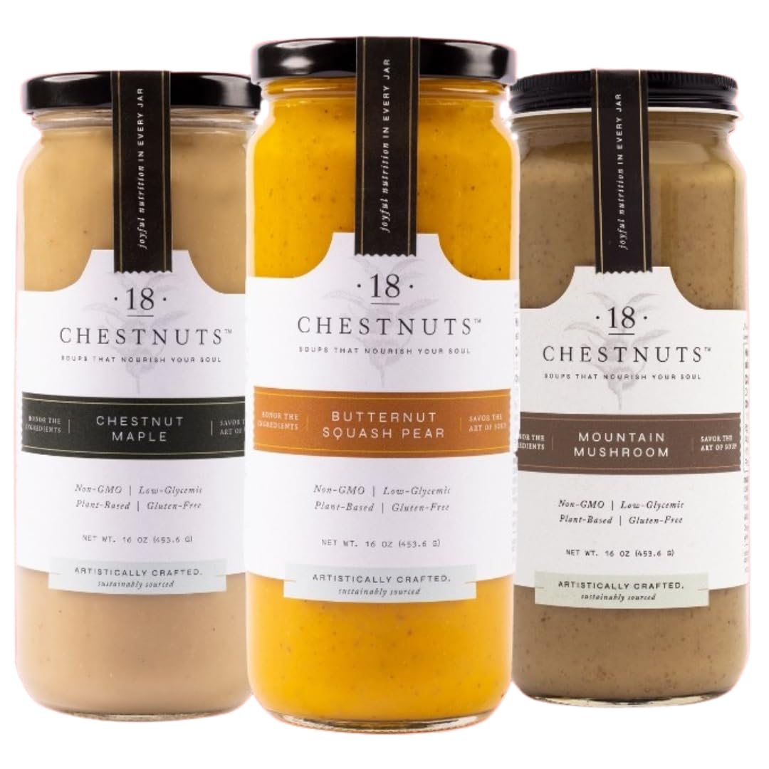 18 Chestnuts Plant Based Soup - Holiday Bundle Box: Butternut Squash Pear, Chestnut Maple, Mountain Mushroom Soup Bundle, Plant Based &amp; Gluten Free - 3 Jars